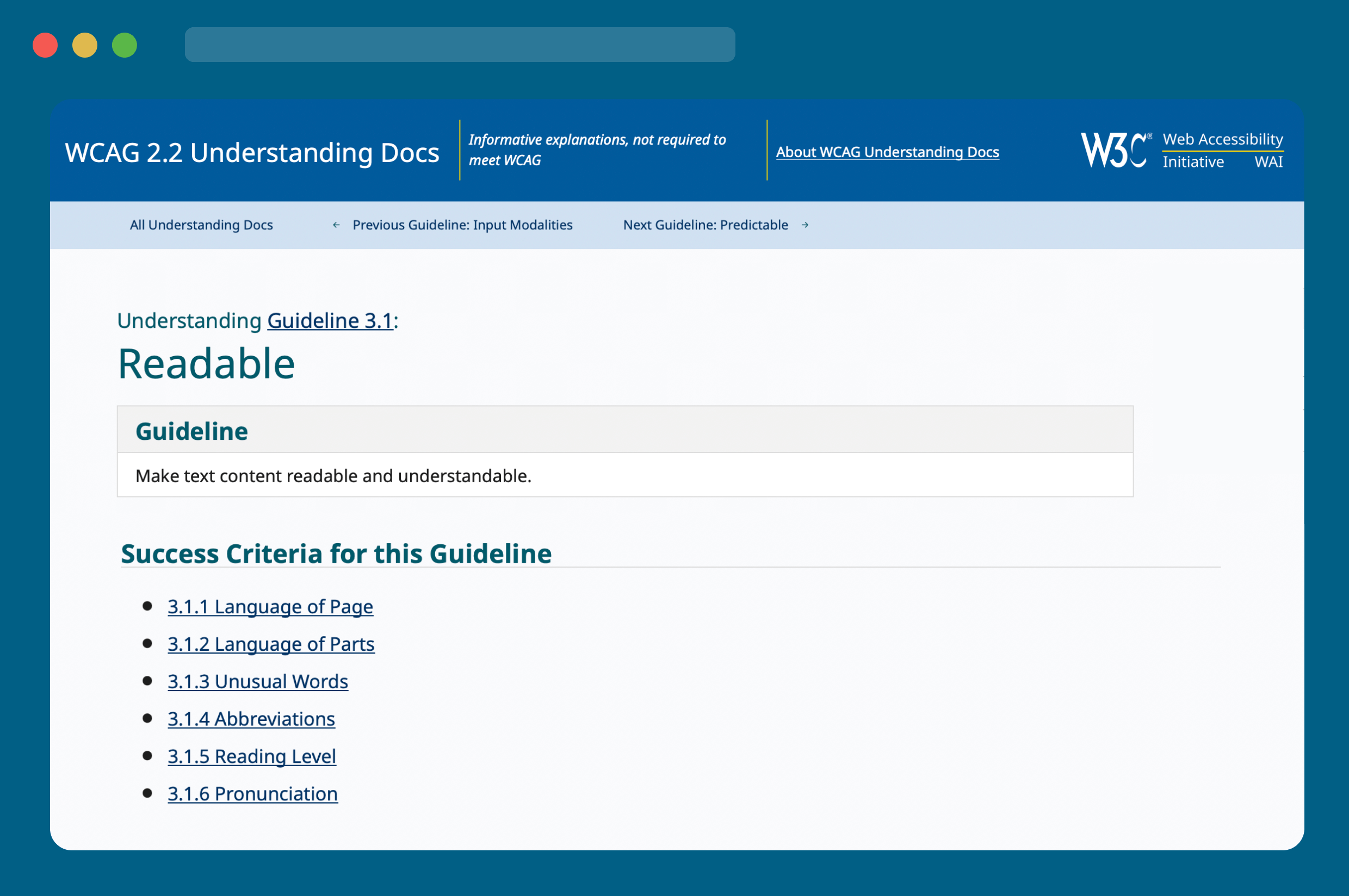 screenshot of the WCAG guideline 3.1 - readable